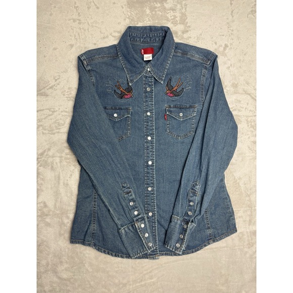 Levi's Western Denim Shirt Embroidered Swallow Birds El Dorado M - Picture 4 of 9
